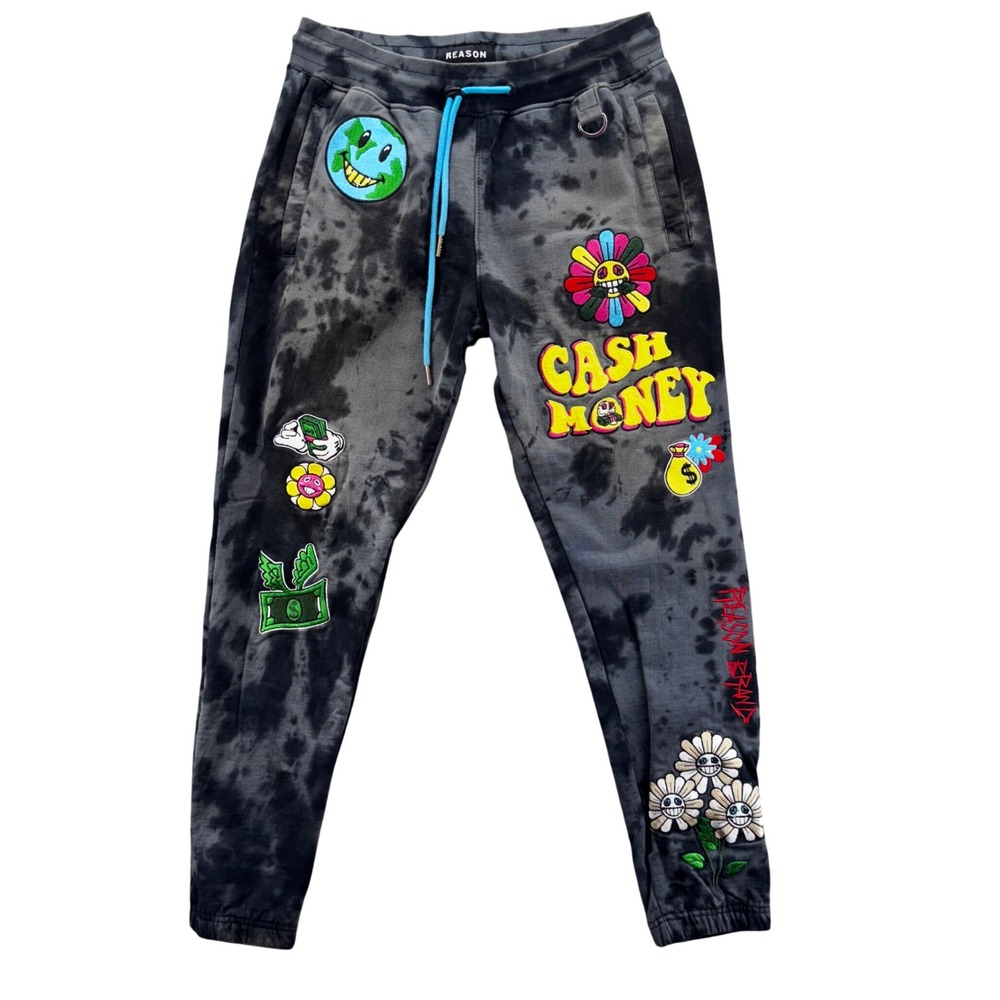 REASON Cash Money Tie Dye Jogger Sweatpant Size M Embroidered Patches‎ Graphic